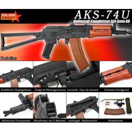 Softair AEG - Kalash AKS-74U Vollmetall Echtholz Softair Komplettset S-AEG 6mm BB