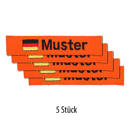 Namensbnder orange mit Deutschlandfahne und Klett, bestickt, 5-er Satz