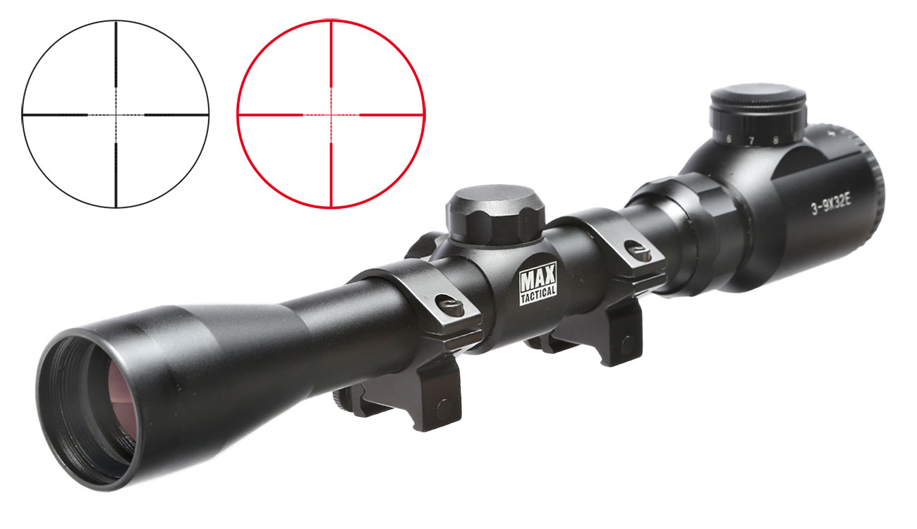 Max Tactical Zielfernrohr 3-9x32 E Leuchtabsehen inkl. Ringe für 22 mm Schiene