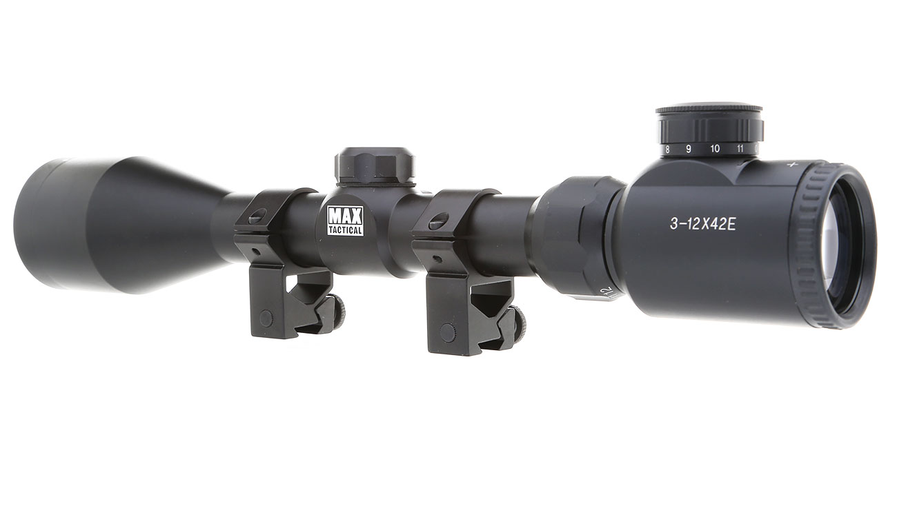 Max Tactical Zielfernrohr 3-12x42E beleuchtet inkl. Ringe für 11 mm Schiene Bild 1