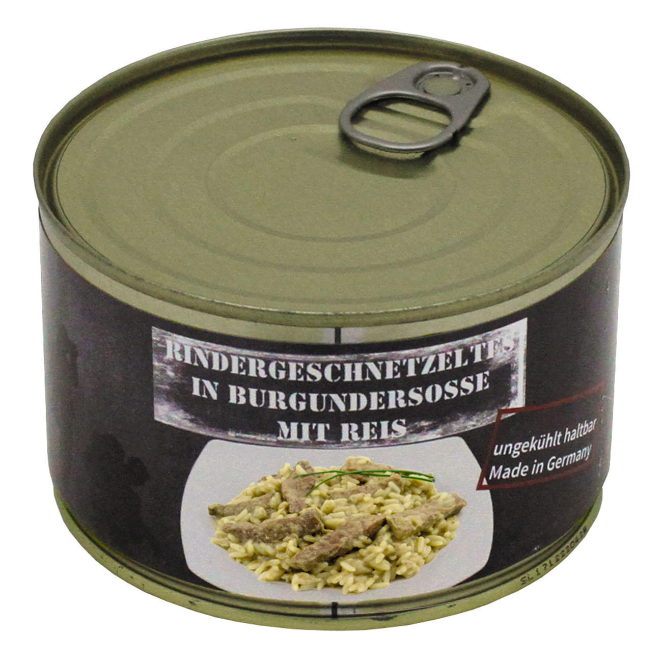 Outdoor-Mahlzeit Rindergeschnetzeltes in Burgundersoße mit Reis Dose kaufen