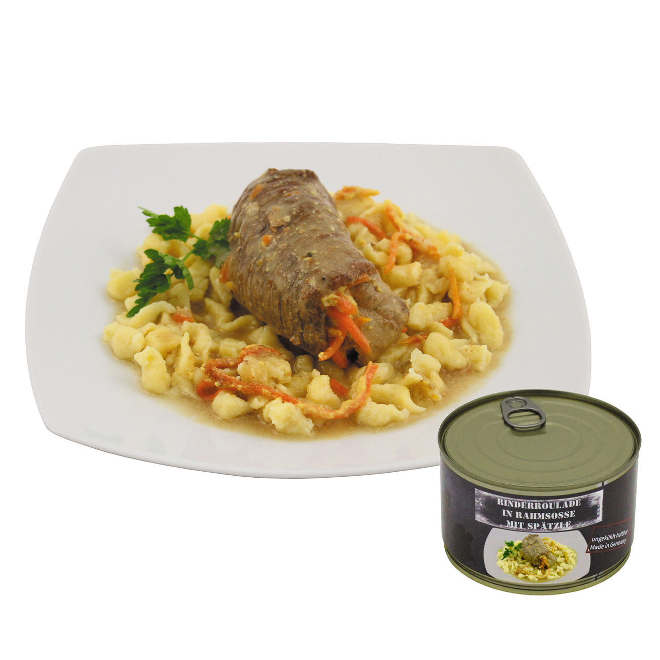 Outdoor-Mahlzeit Rinderroulade in Rahmsoe mit Sptzle Dose