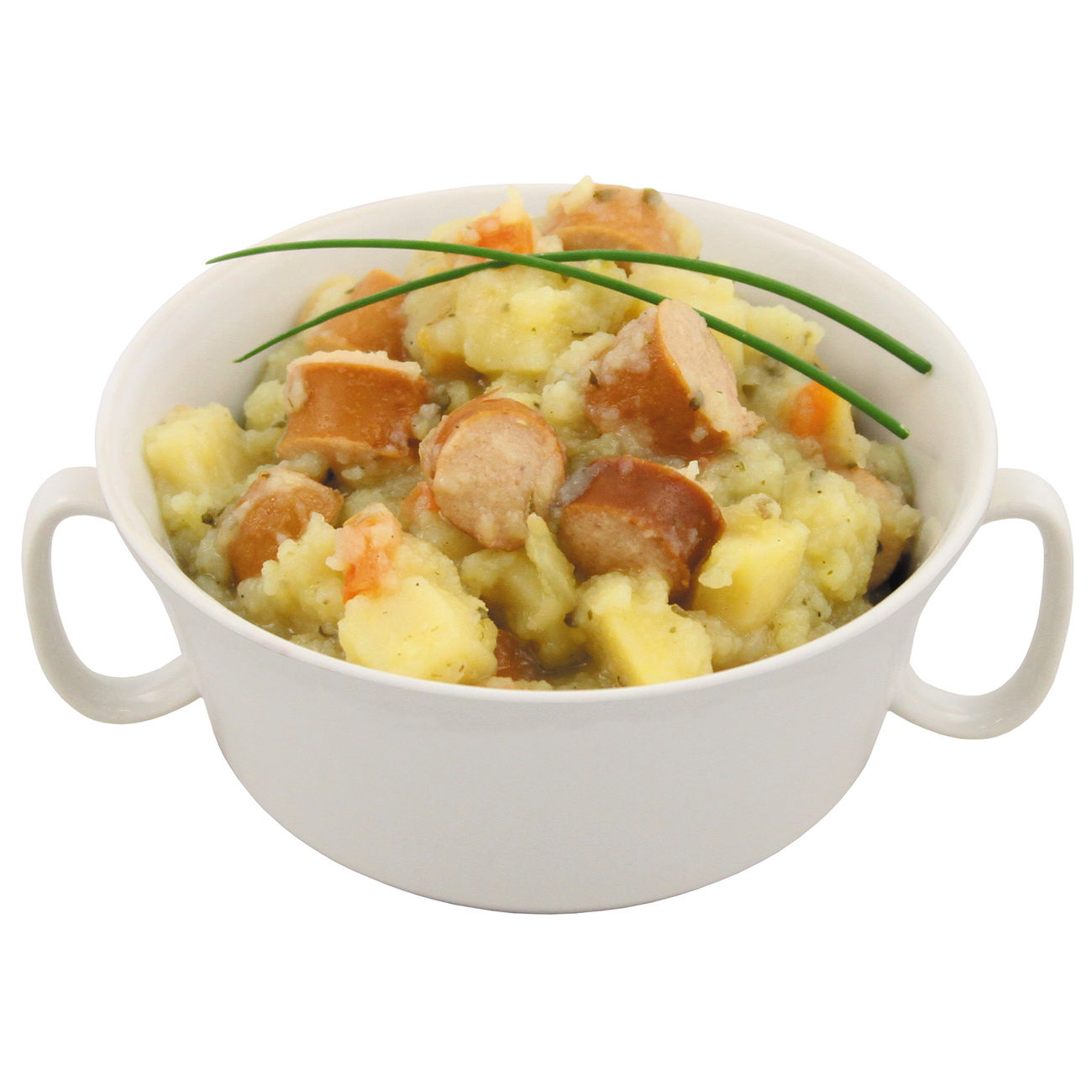 Outdoor-Mahlzeit Kartoffelsuppe mit Wiener Würstchen Dose Bild 2