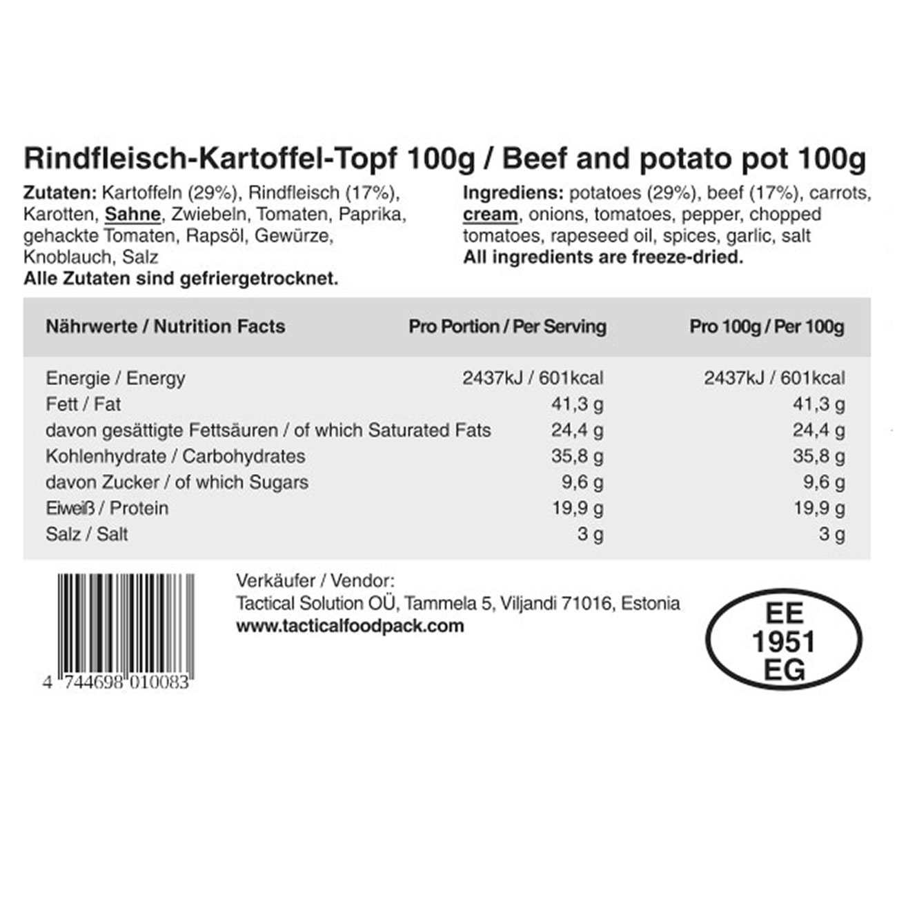 Tactical Foodpack Outdoor Mahlzeit Rindfleisch-Kartoffel-Topf Bild 1