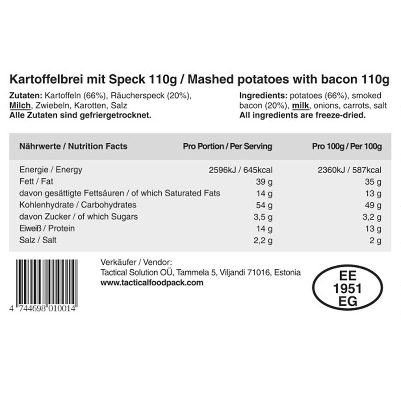 Tactical Foodpack Outdoor Mahlzeit Kartoffelbrei mit Speck Bild 4