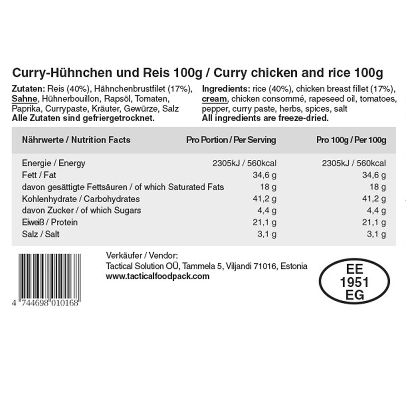 Tactical Foodpack Outdoor Mahlzeit Curry-Hhnchen und Reis Bild 1