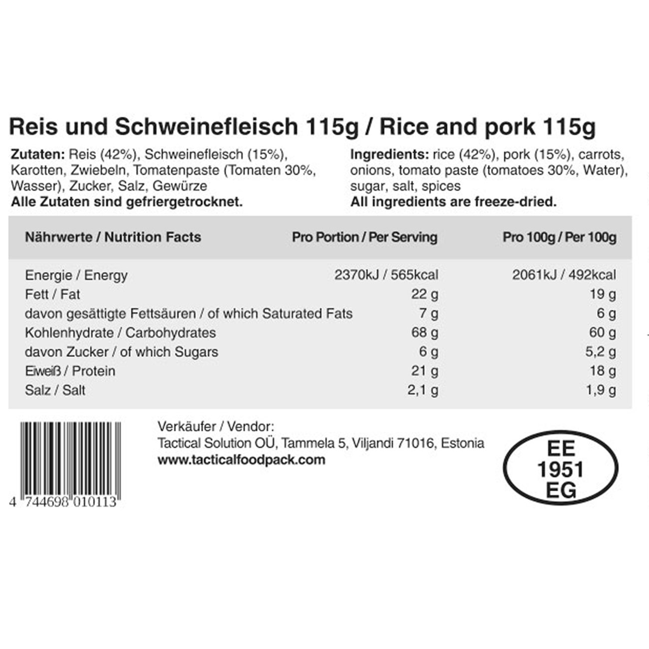 Tactical Foodpack Outdoor Mahlzeit Reis und Schweinefleisch Bild 1