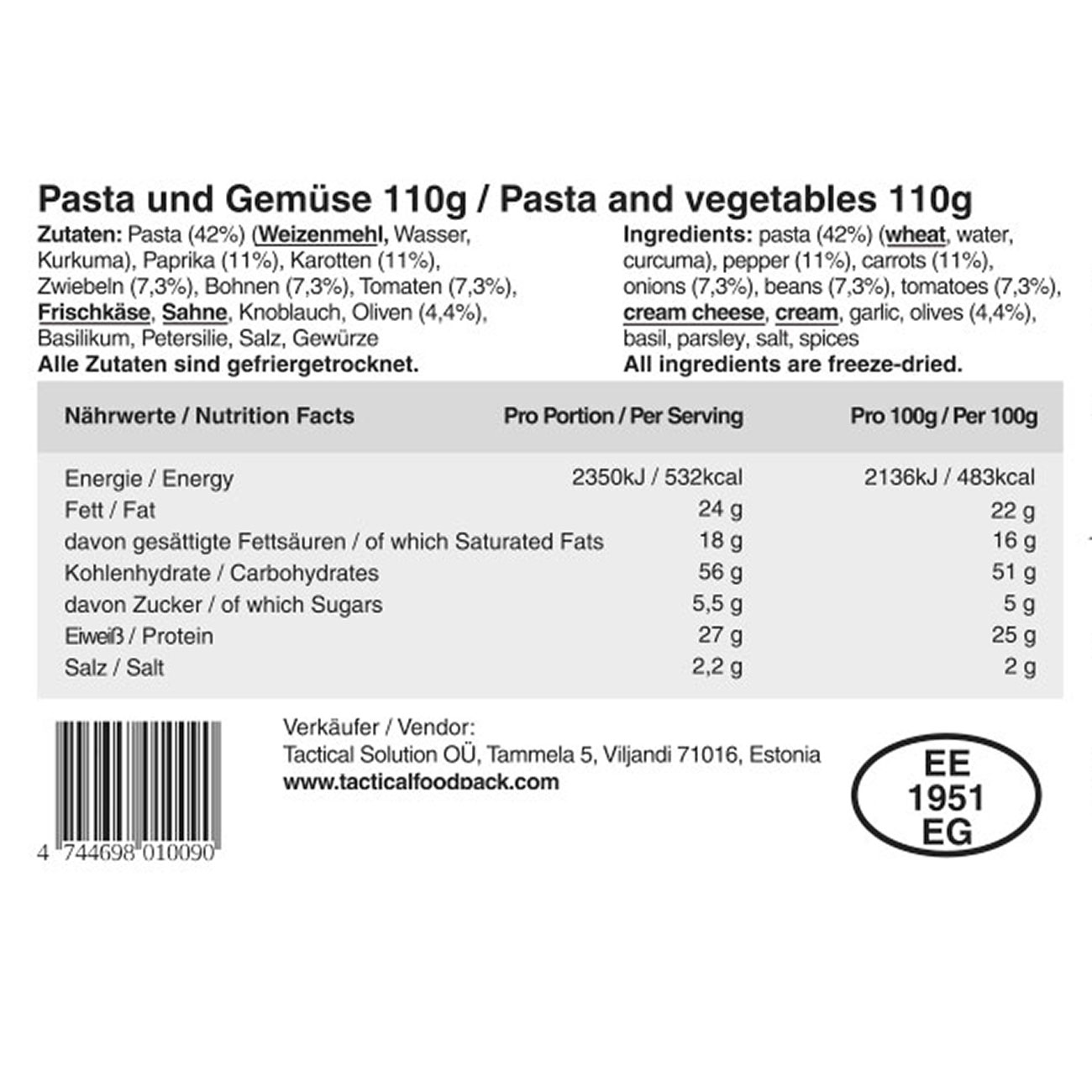 Tactical Foodpack Outdoor Mahlzeit Pasta und Gemüse Bild 1