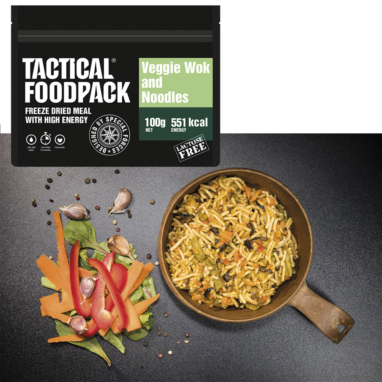 Tactical Foodpack Outdoor Mahlzeit Gemüsewok und Spaghetti
