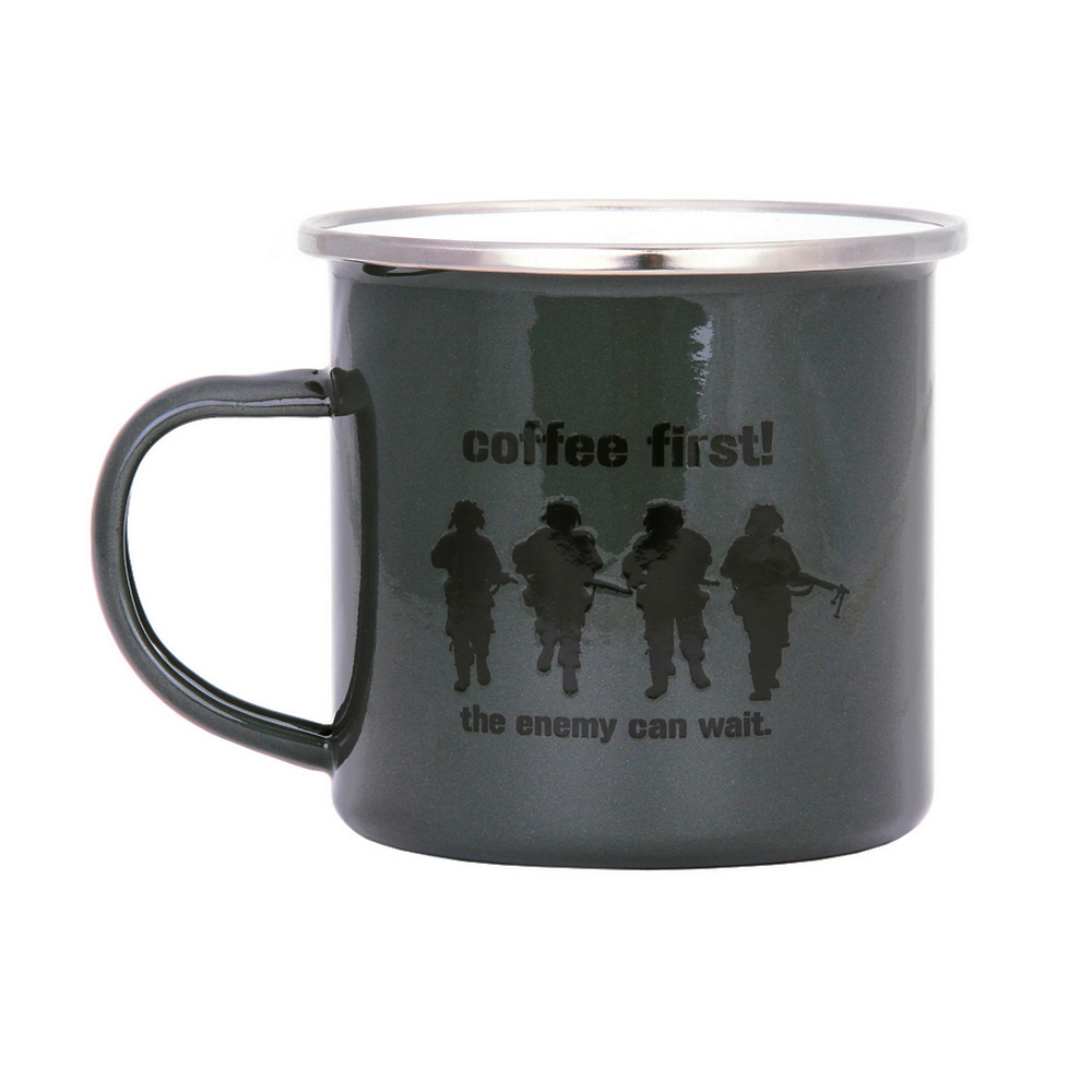 Fostex Becher Emaille 300ml oliv bedruckt Coffee First, the enemy can wait