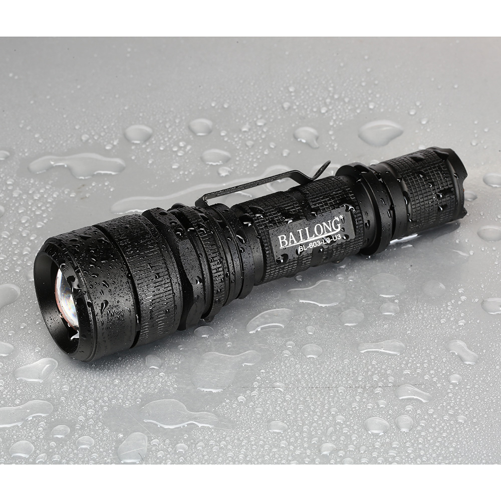 Bailong LED-Taschenlampe mit Zoom, Strobe, SOS schwarz Bild 1