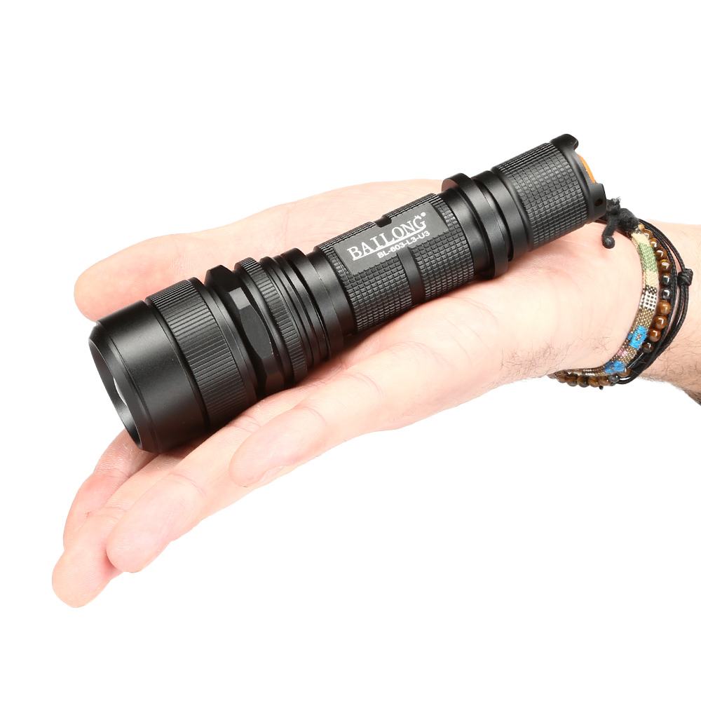 Bailong LED-Taschenlampe mit Zoom, Strobe, SOS schwarz Bild 1