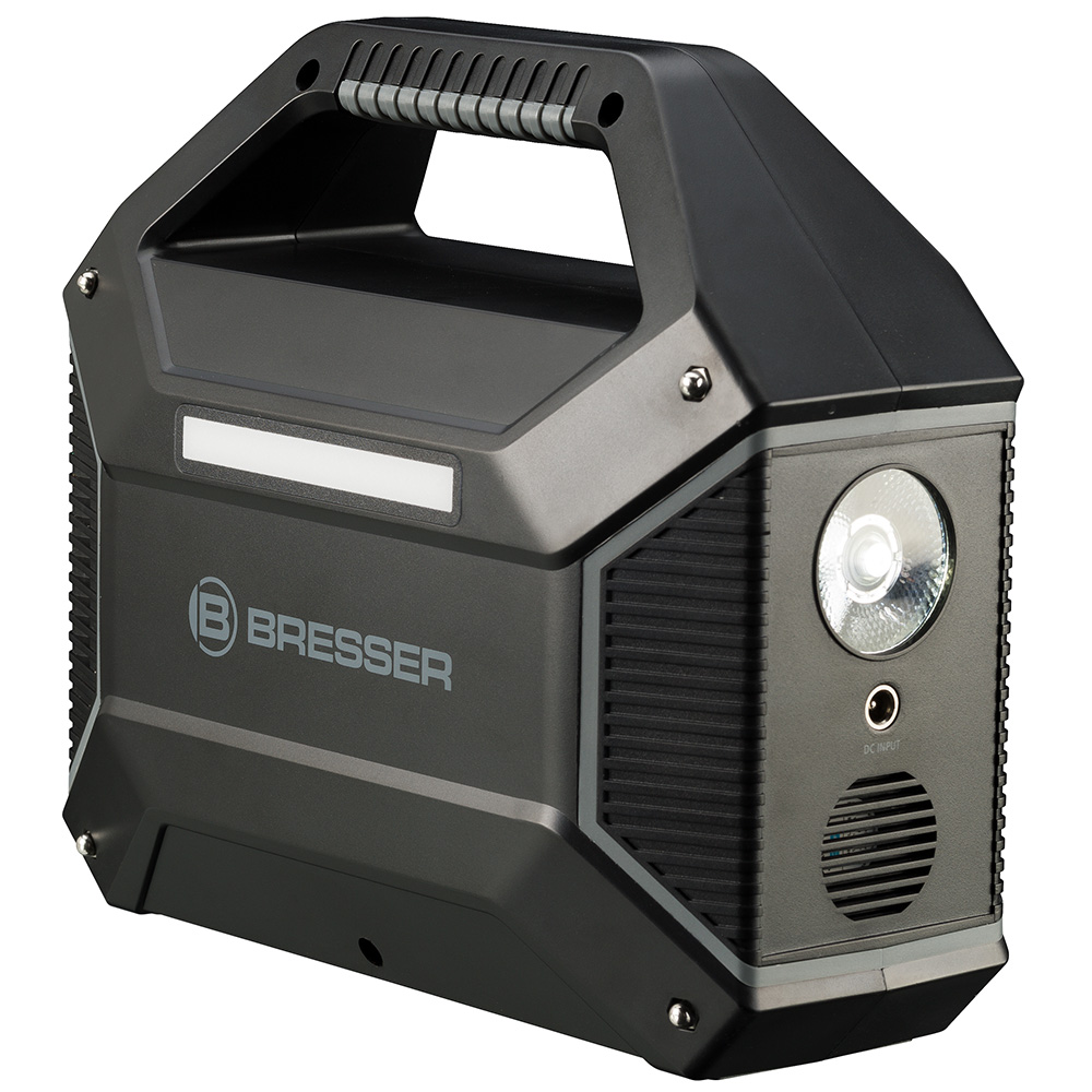 Bresser Mobile Power Station tragbarer Stromspeicher 100 Watt schwarz mit LED-Lampe