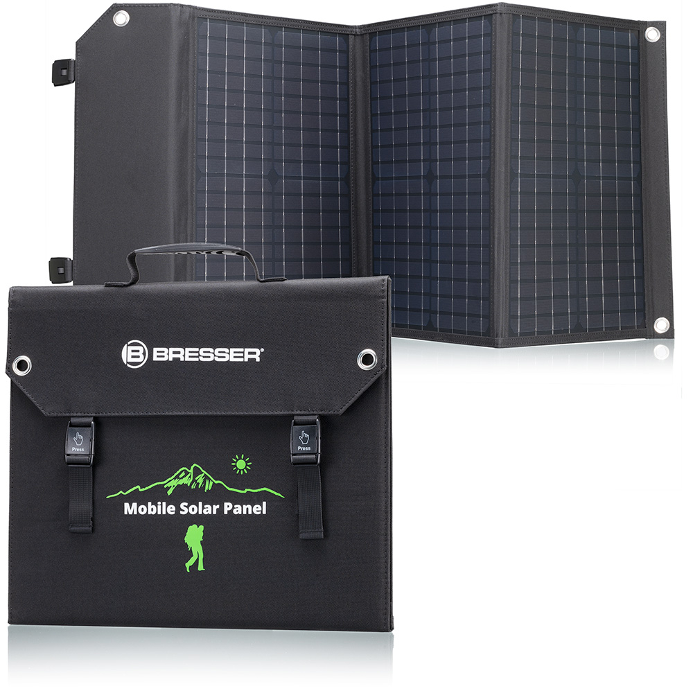 Bresser Mobiles Solar-Ladegert 60 Watt mit USB- u. DC-Anschluss faltbar