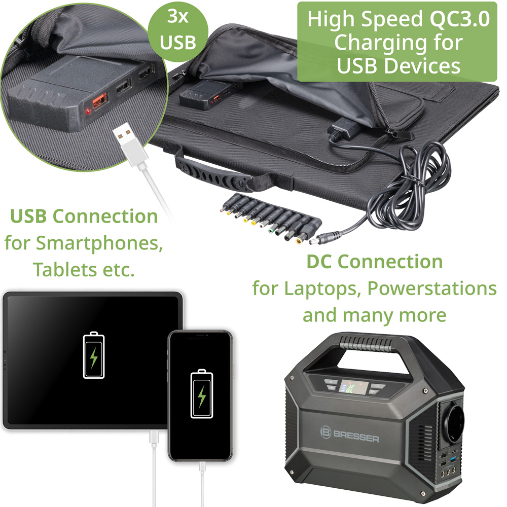 Bresser Mobiles Solar-Ladegerät 60 Watt mit USB- u. DC-Anschluss faltbar Bild 1