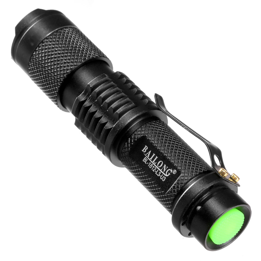 Bailong LED-Taschenlampe mit Zoom, Strobe und SOS schwarz inkl. Akku und Ladegert Bild 1