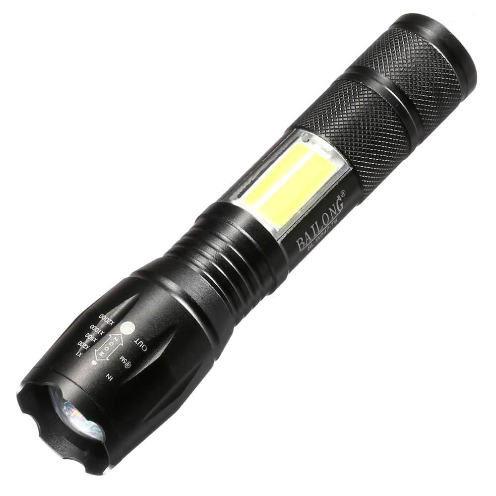 Bailong LED-Taschenlampe mit Zoom und COB LED schwarz inkl. Akku
