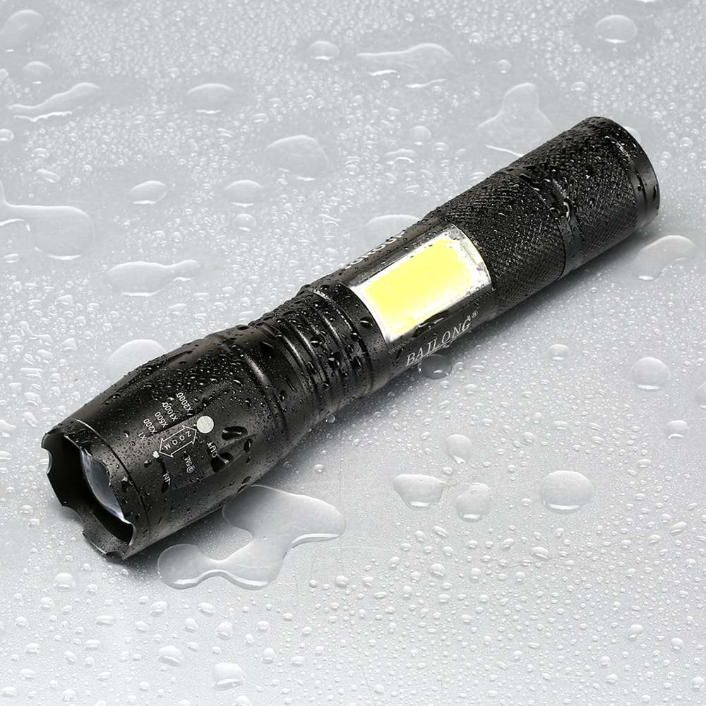 Bailong LED-Taschenlampe mit Zoom und COB LED schwarz inkl. Akku Bild 2