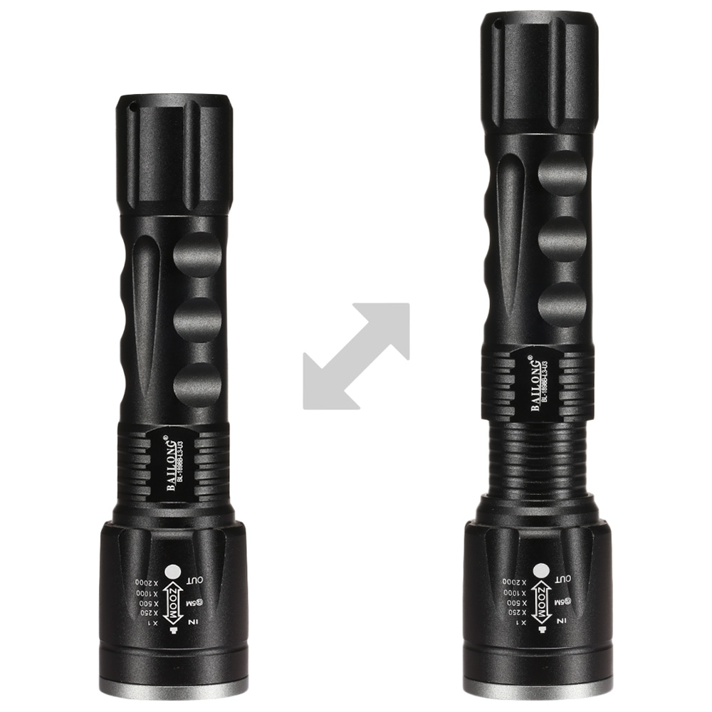 Bailong LED-Taschenlampe mit Zoom, Strobe und SOS schwarz inkl. Akku und Ladegert Bild 1