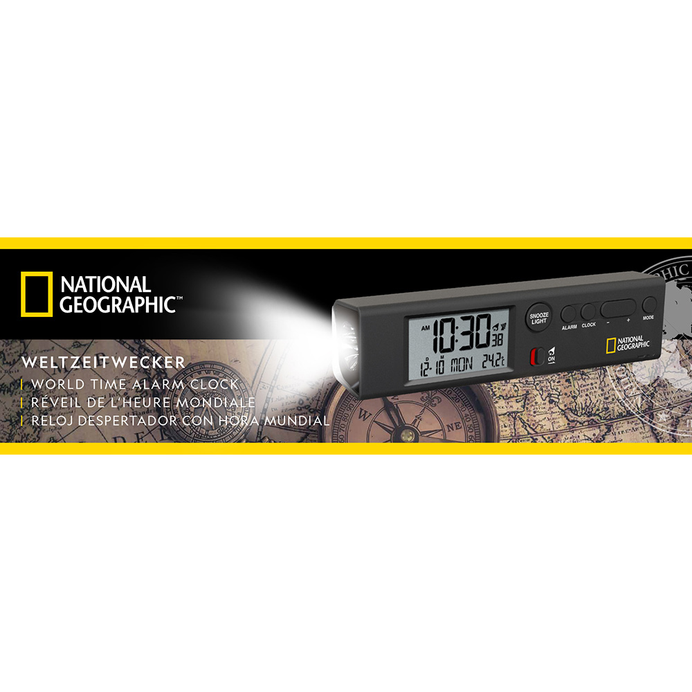 National Geographic Weltzeitwecker 4 in 1 schwarz Uhr, Thermometer, Taschenlampe, Reisewecker Bild 1
