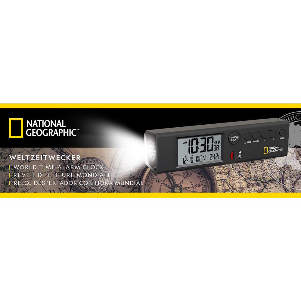 National Geographic Weltzeitwecker 4 in 1 schwarz Uhr, Thermometer