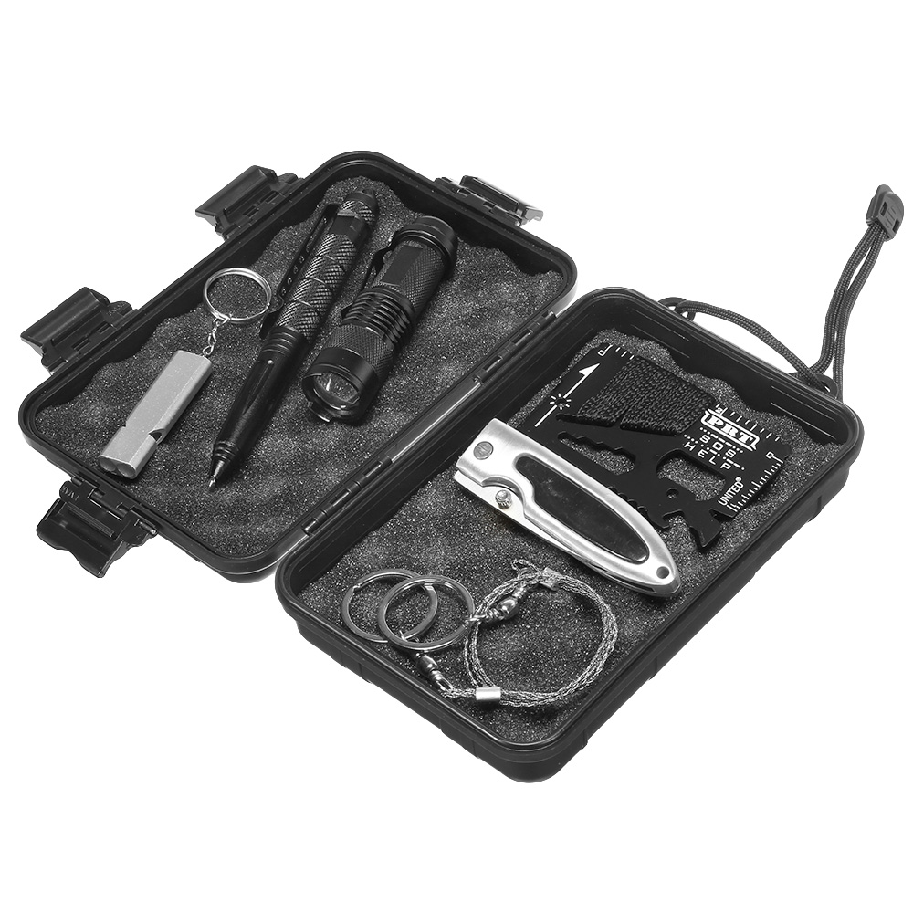 Notfallbox Be Prepared 10-teilig mit Kunststoffbox, Multifunktionswerkzeug, Feuerstein, Lampe... schwarz Bild 1