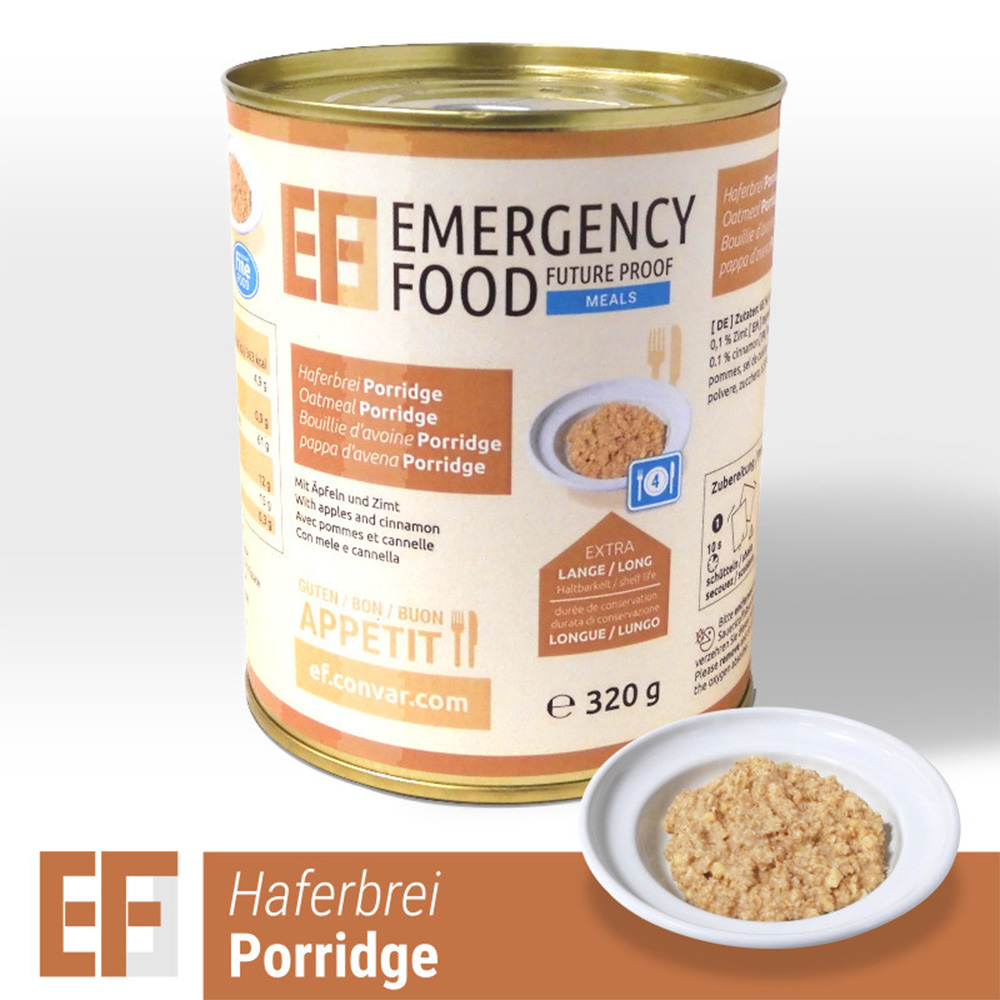 Emergency Food Meals Notration Haferbrei Porridge mit pfeln und Zimt 320g Dose 4 Portionen