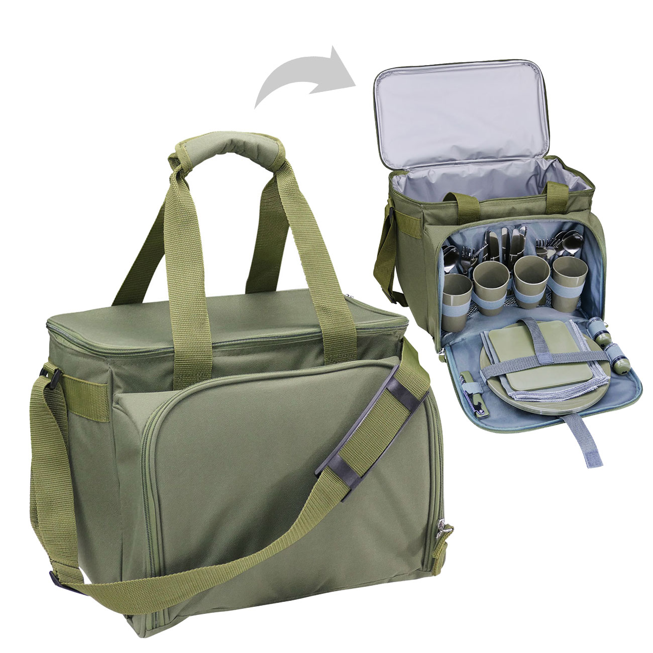 Commando Industries Kühltasche Cooler Bag 20 Liter mit Picknick-Set oliv