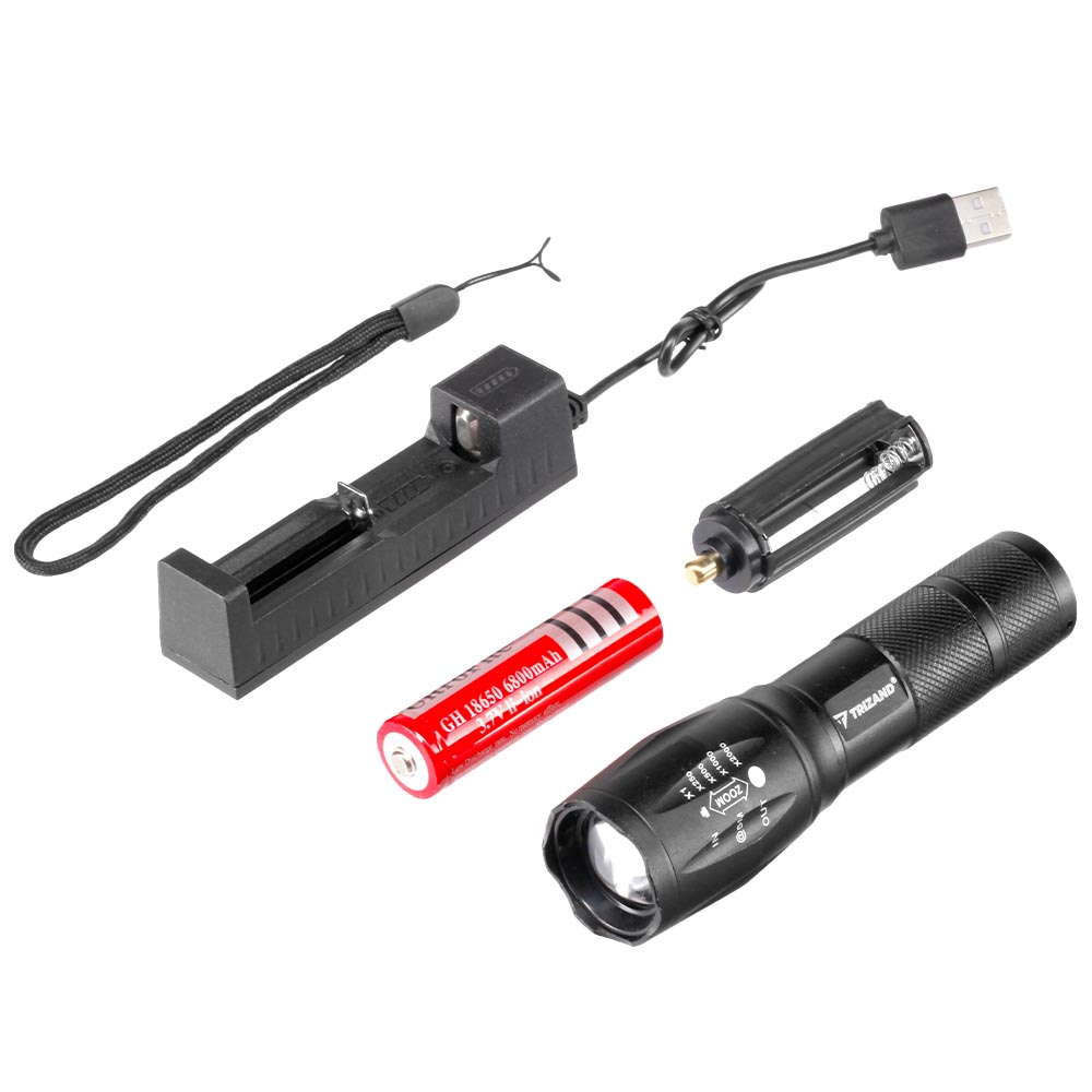 LED-Taschenlampe T6 USB mit Zoom und Strobe schwarz inkl. Akku, USB-Ladegert und Transportbox Bild 4
