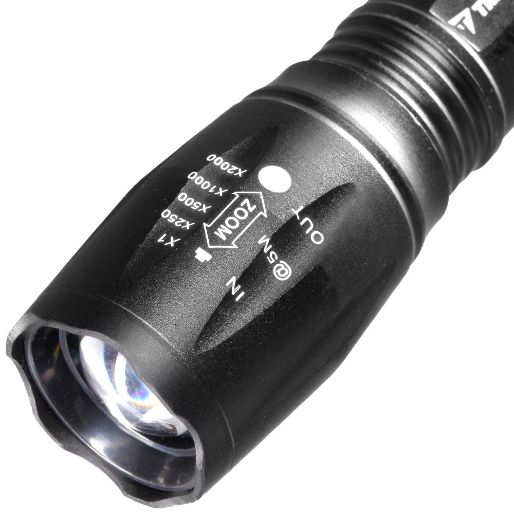 LED-Taschenlampe T6 USB mit Zoom und Strobe schwarz inkl. Akku, USB-Ladegert und Transportbox Bild 7