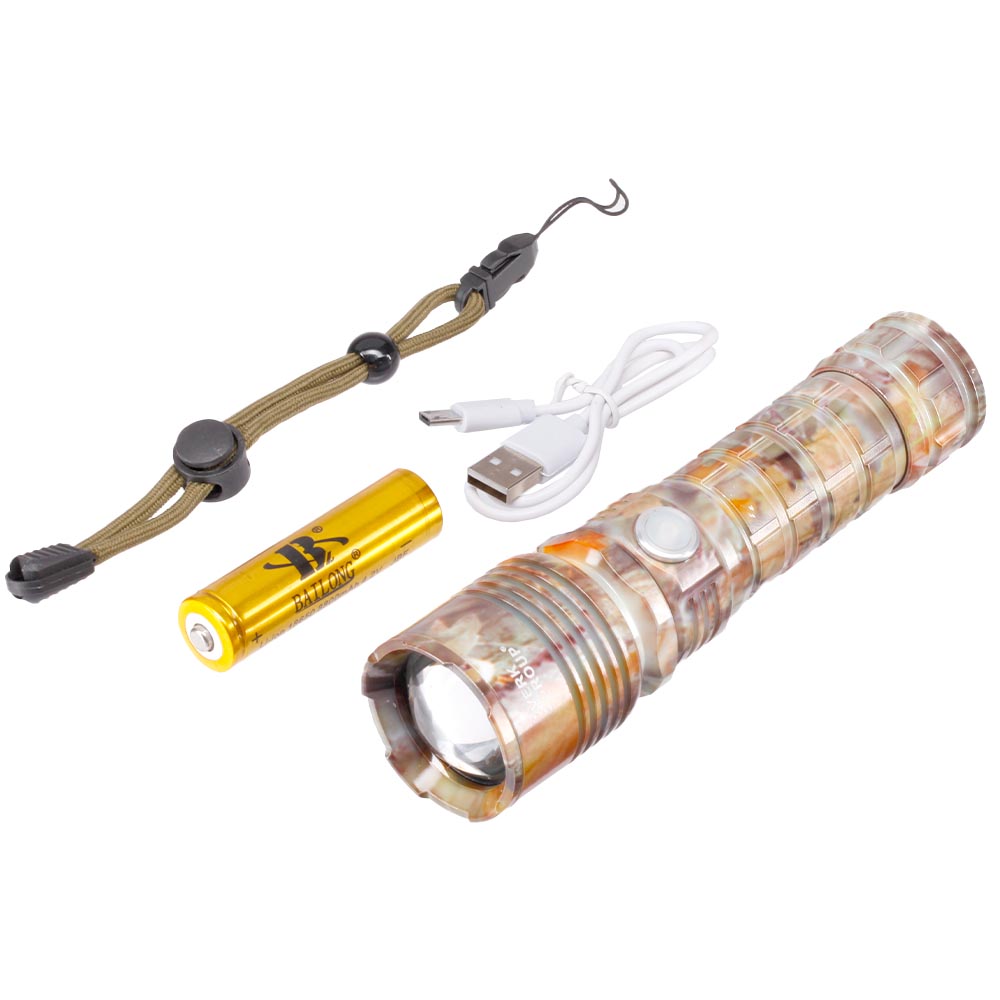 Bailong LED-Taschenlampe XHP160 mit Zoom, Strobe camouflage inkl. Akku, USB-Ladekabel und Lanyard Bild 4