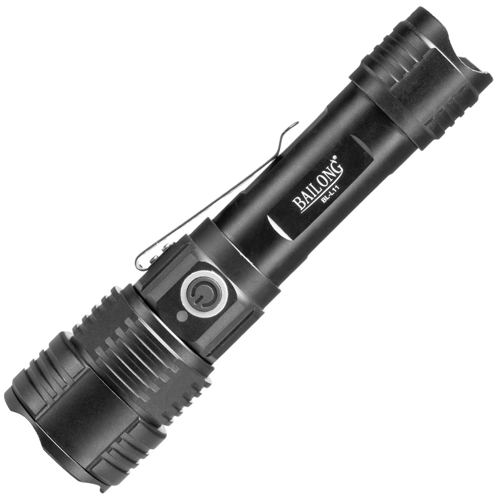 Bailong LED-Taschenlampe BL-L11 mit Zoom, rot- ,grn und UV-Licht schwarz inkl. Akku, USB-Ladekabel und Lanyard Bild 1