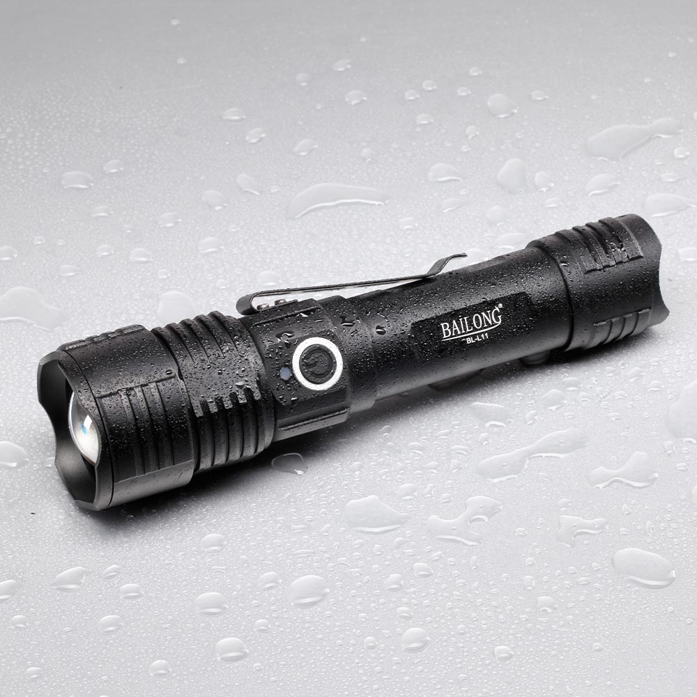 Bailong LED-Taschenlampe BL-L11 mit Zoom, rot- ,grn und UV-Licht schwarz inkl. Akku, USB-Ladekabel und Lanyard Bild 2
