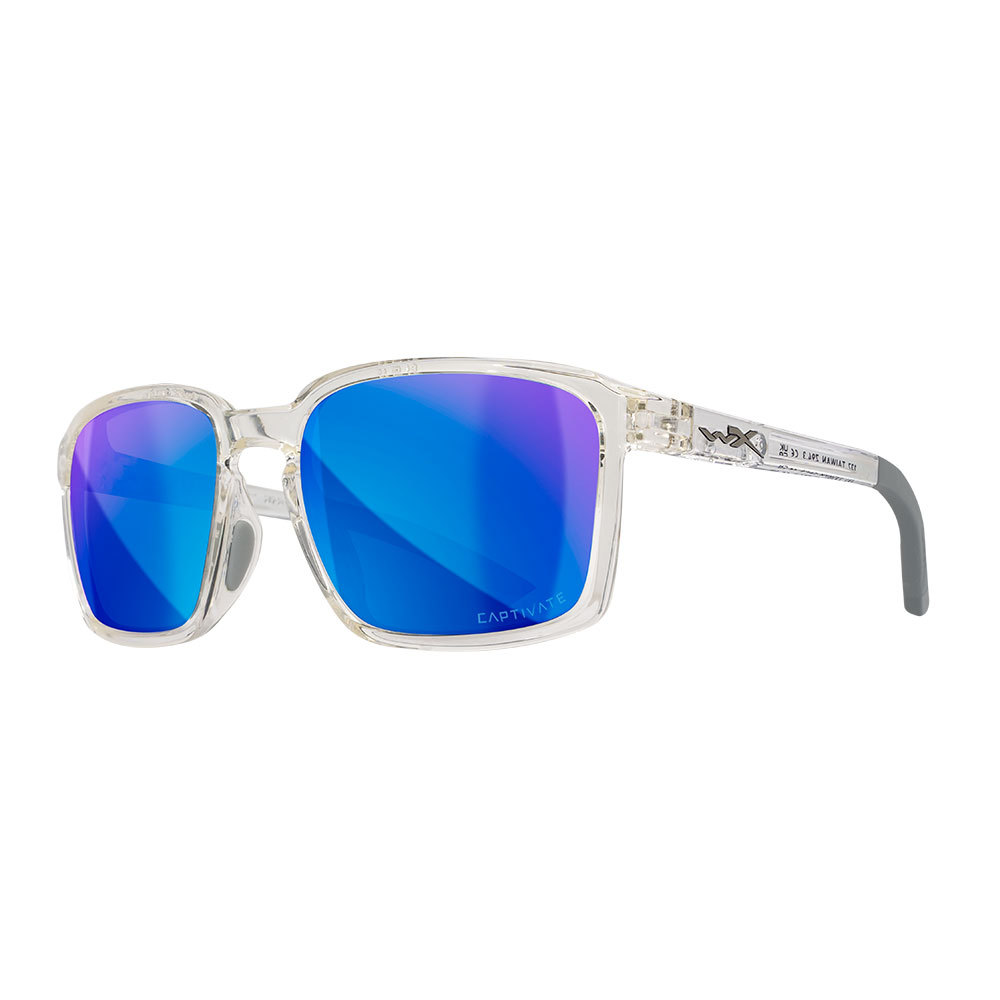 Wiley X Sonnenbrille Alfa Captivate glnzend transparent Glser blau verspiegelt polarisiert inkl. Brillenetui und Seitenschutz