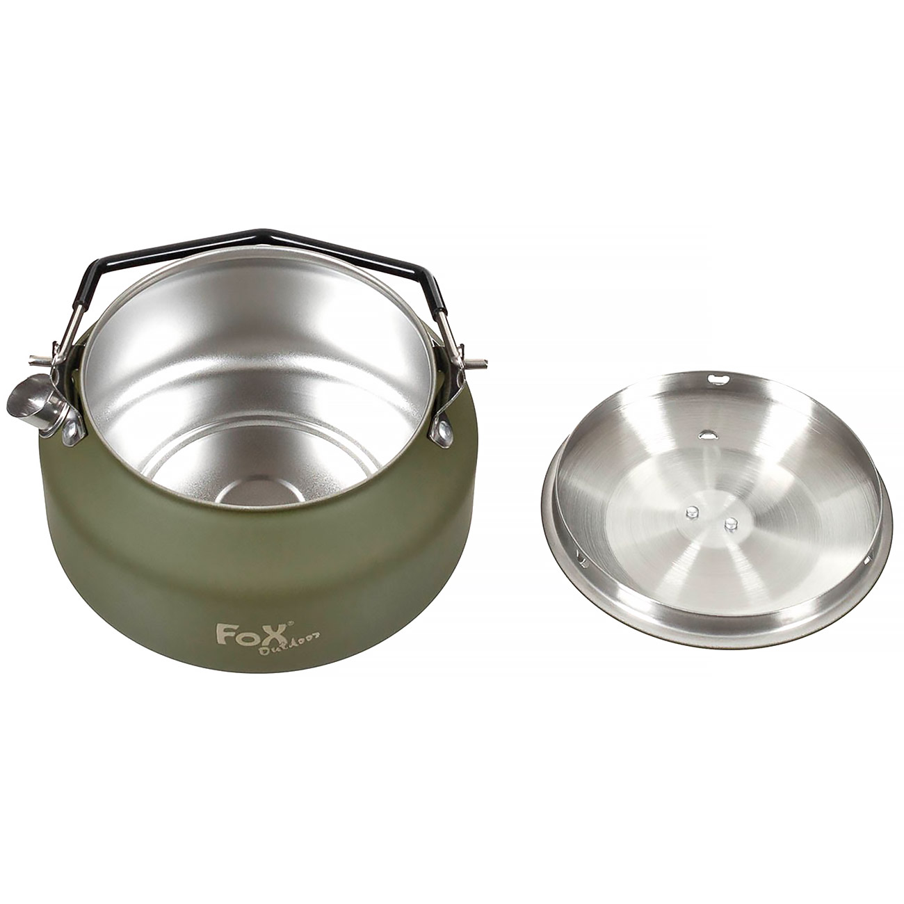 Fox Outdoor Wasserkessel Edelstahl 1 Liter oliv inkl. Deckel und Netzbeutel Bild 1