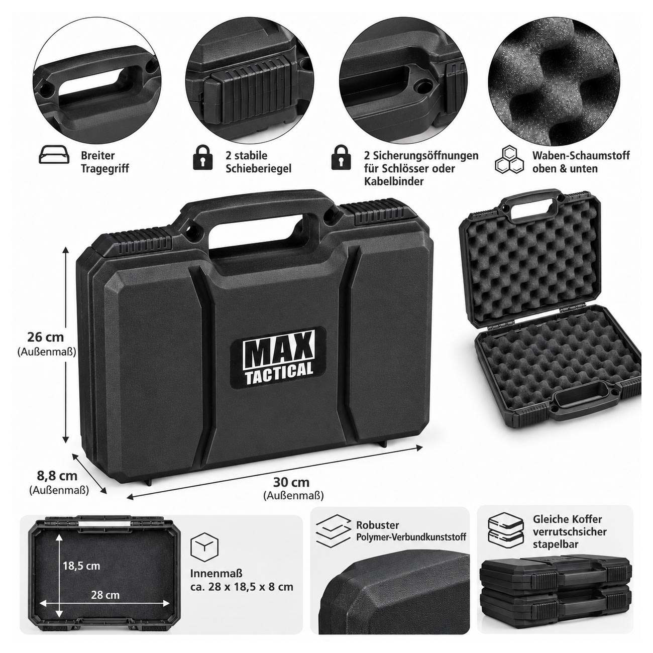 MAX Tactical Pistol Hard Case Pistolenkoffer 30 x 26 x 8,8 cm Waben-Schaumstoff schwarz Bild 8