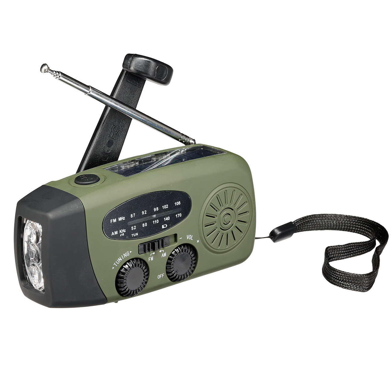 Fosco Emergency Kurbelradio oliv/schwarz FM, AM, SOS-Alarm, Powerbank, Solar und LED-Licht