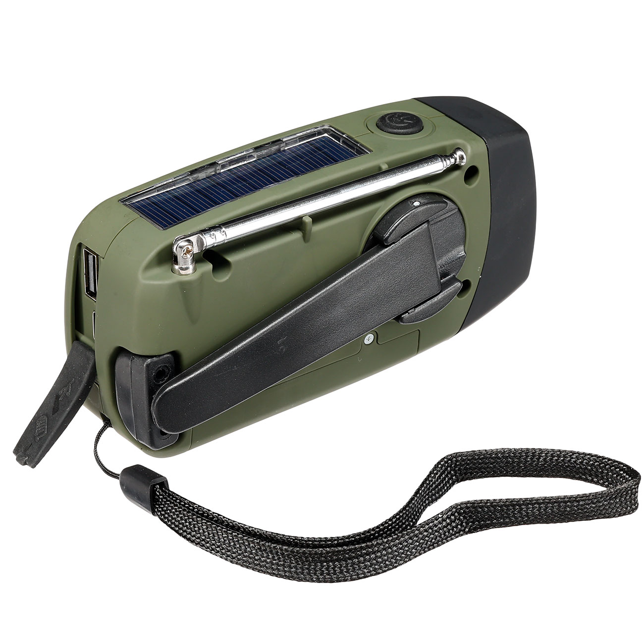 Fosco Emergency Kurbelradio oliv/schwarz FM, AM, SOS-Alarm, Powerbank, Solar und LED-Licht Bild 4
