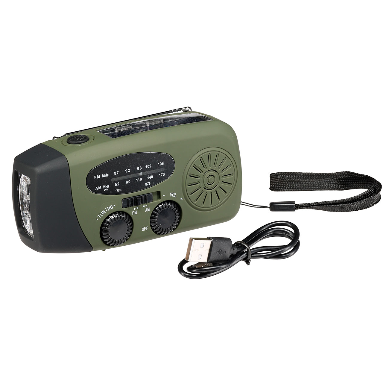 Fosco Emergency Kurbelradio oliv/schwarz FM, AM, SOS-Alarm, Powerbank, Solar und LED-Licht Bild 7