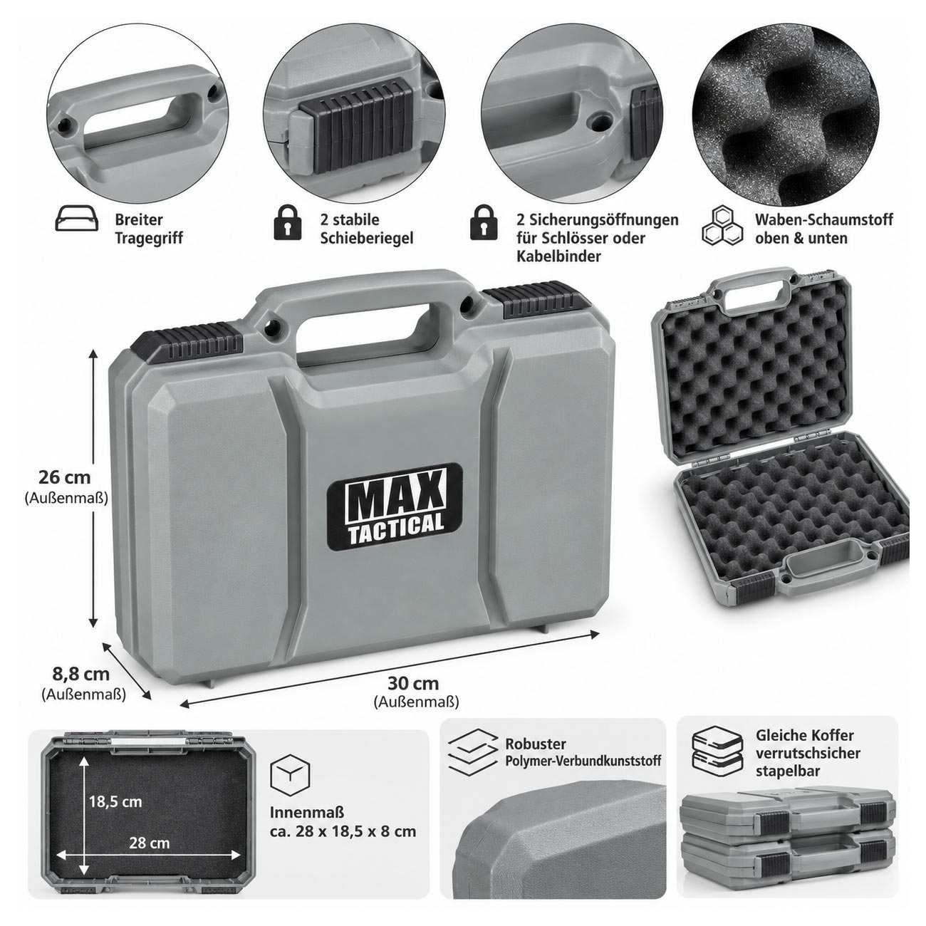 MAX Tactical Pistol Hard Case Pistolenkoffer 30 x 26 x 8,8 cm Waben-Schaumstoff grau Bild 8
