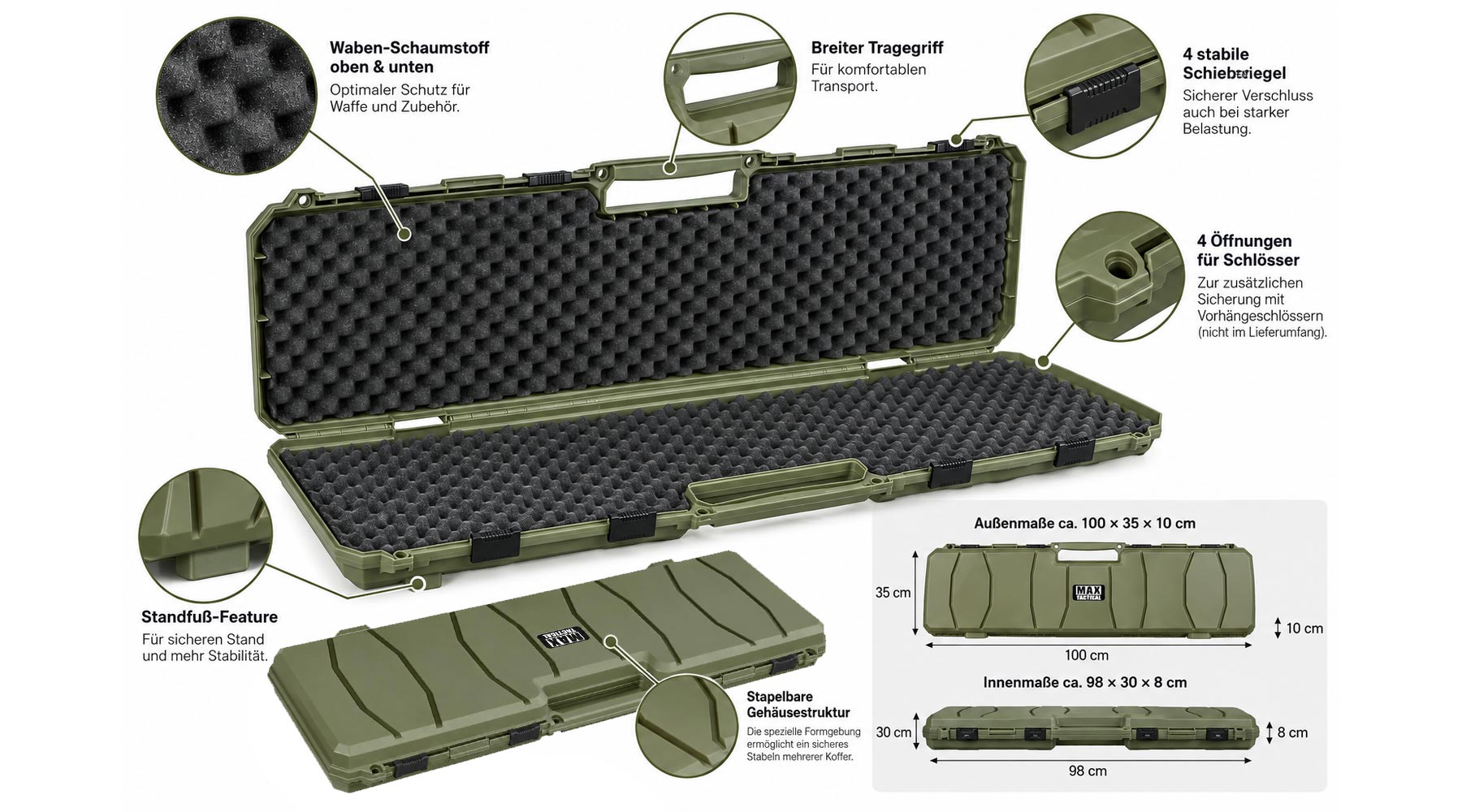 MAX Tactical Hard Case Waffenkoffer 100 x 35 x 10 cm Waben-Schaumstoff dark oliv Bild 9