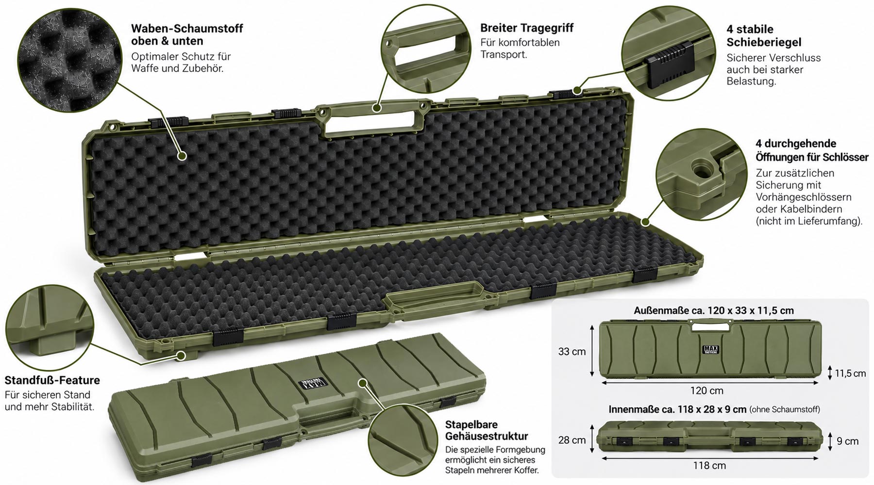 MAX Tactical Hard Case Waffenkoffer 120 x 33 x 11,5 cm Waben-Schaumstoff dark oliv Bild 9