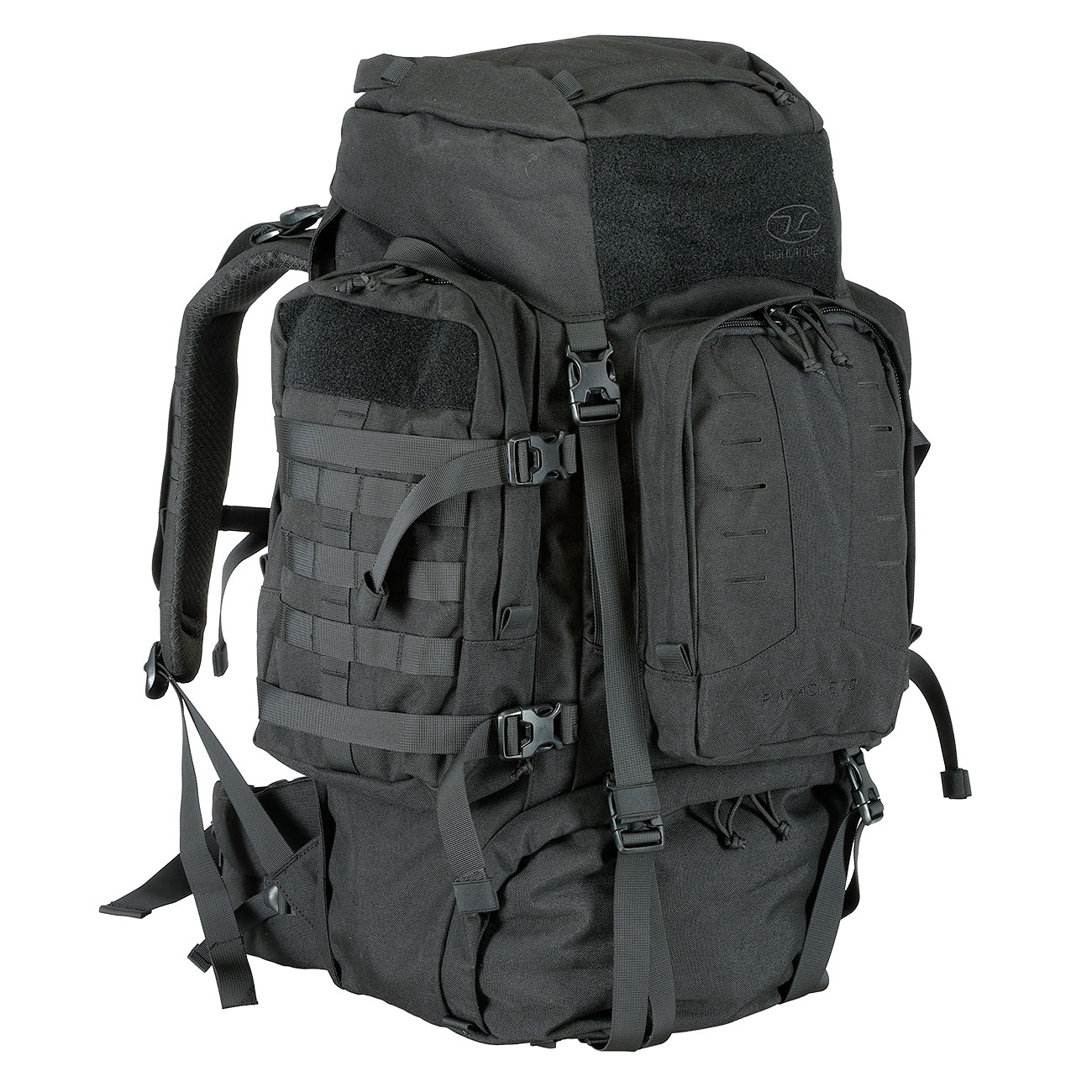 Highlander Rucksack Pinnacle 70 Liter Molle mit abnehmbaren Seitentaschen schwarz