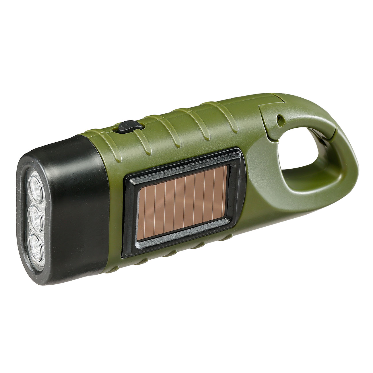 Solarbetriebene LED-Taschenlampe mit Dynamo und Karabinerhaken oliv Bild 5