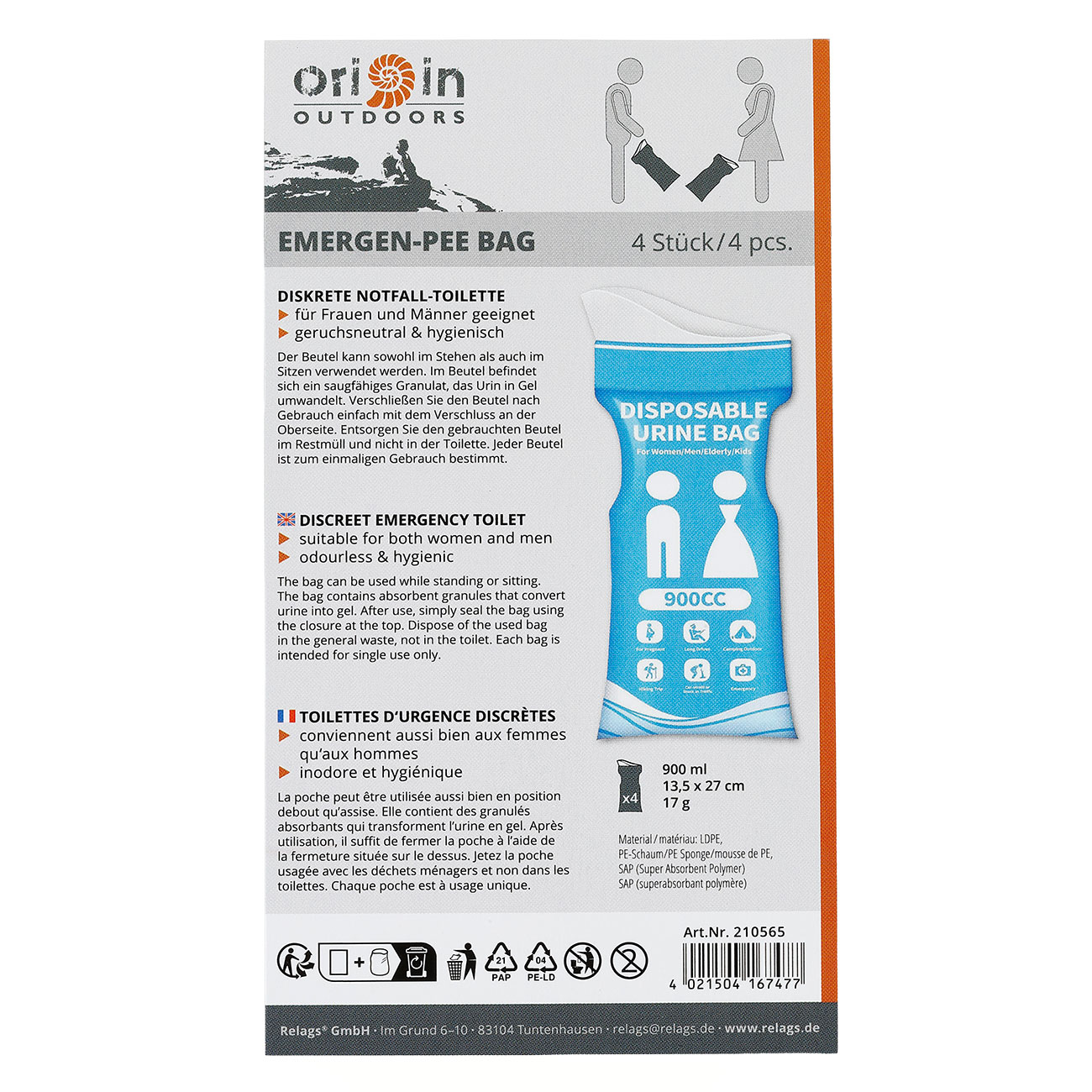 Origin Outdoors Notfall WC-Beutel Emergen-Pee Bag unisex Einweg 4 St�ck je 900 ml blau Bild 6