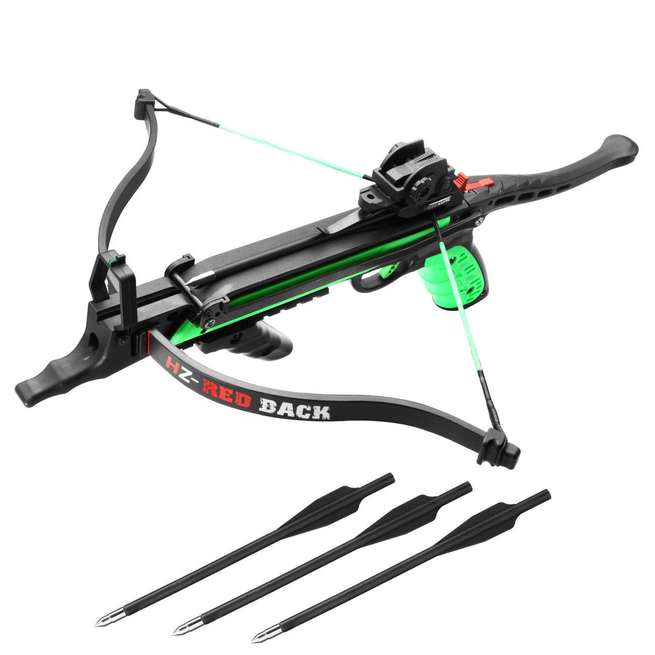 Hori-Zone Pistolenarmbrust Redback RTS 80lbs 235 fps schwarz/gn inkl. 3 Pfeile und Sehnenwachs