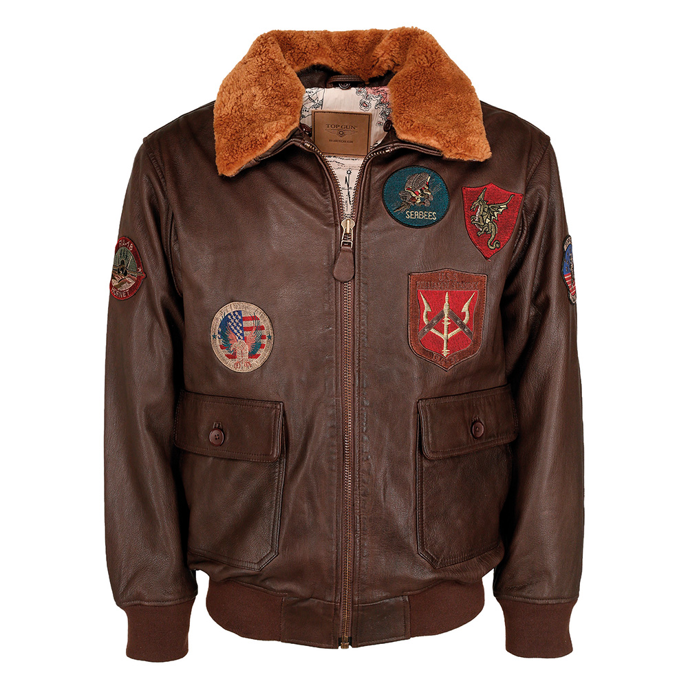 Top Gun Lederjacke mit Pelzkragen braun