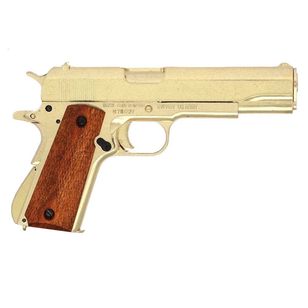 Dekowaffe 45er Colt Government M191A1 goldfinish Holzgriffschalen Bild 3