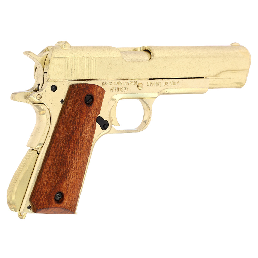 Dekowaffe 45er Colt Government M191A1 goldfinish Holzgriffschalen Bild 7