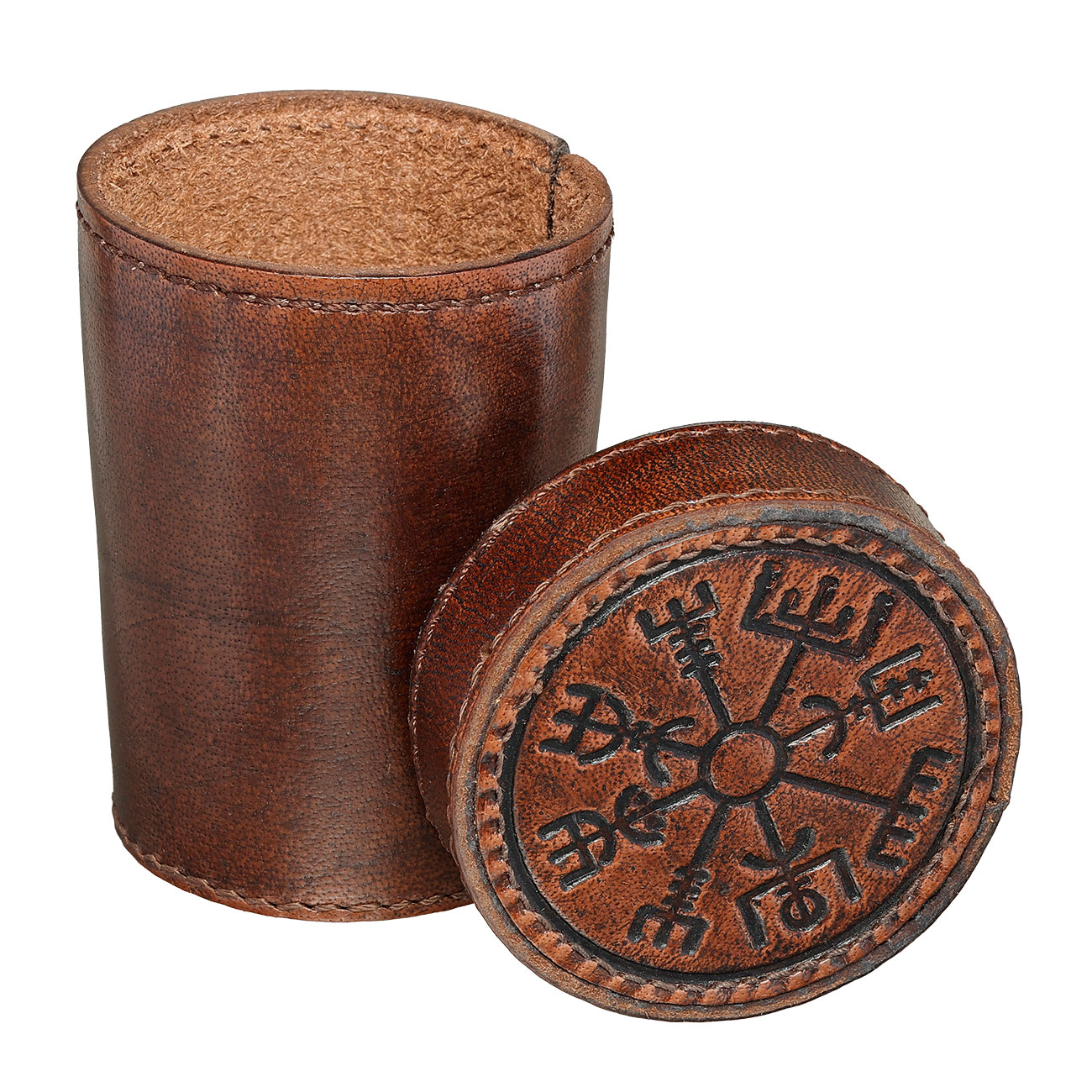 Ulfberth- Wrfelbecher aus Leder mit Deckel mit Vegvisir-Prgung braun. Bild 1